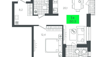 1-к. квартира, 50&nbsp;м²