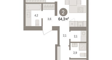 2-к. квартира, 64&nbsp;м²