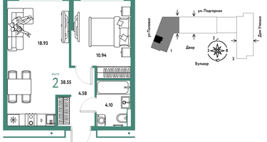 2-к. квартира, 38&nbsp;м²