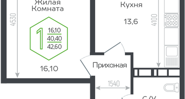 1-к. квартира, 42 м²