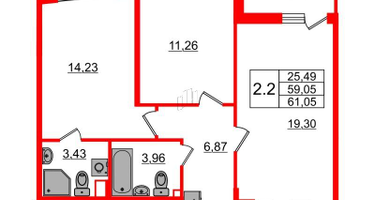 2-к. квартира, 59 м²