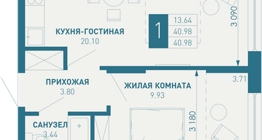1-к. квартира, 42&nbsp;м²