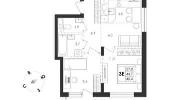 1-к. квартира, 38&nbsp;м²