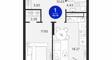 1-к. квартира, 60&nbsp;м²