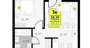 1-к. квартира, 38&nbsp;м²