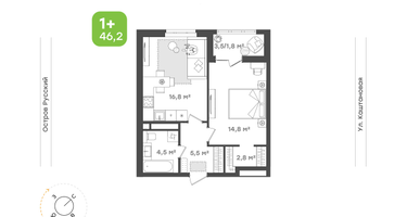 1-к. квартира, 46 м²
