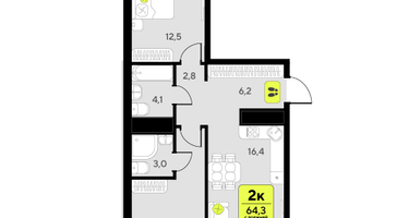 2-к. квартира, 64&nbsp;м²