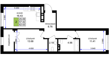 2-к. квартира, 59&nbsp;м²