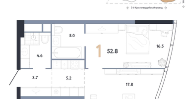 1-к. квартира, 52 м²