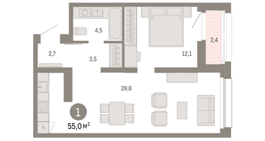 1-к. квартира, 55&nbsp;м²