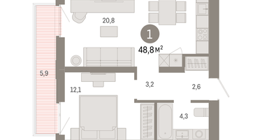 1-к. квартира, 48 м²