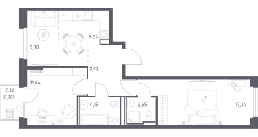 2-к. квартира, 58&nbsp;м²