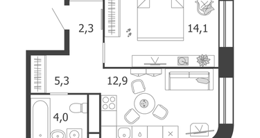 1-к. квартира, 38&nbsp;м²