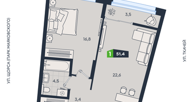 1-к. квартира, 51&nbsp;м²