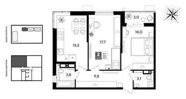 2-к. квартира, 65 м²