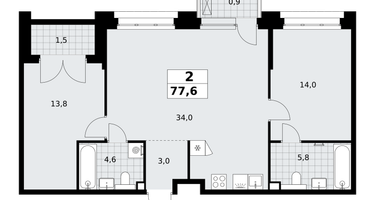 2-к. квартира, 77&nbsp;м²