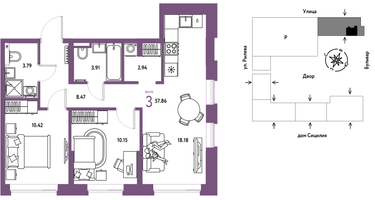 3-к. квартира, 57 м²
