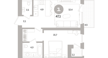 1-к. квартира, 47&nbsp;м²