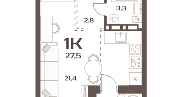 1-к. квартира, 27&nbsp;м²