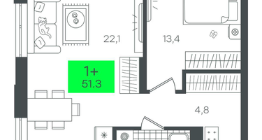 1-к. квартира, 51&nbsp;м²