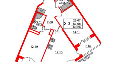 2-к. квартира, 57 м²