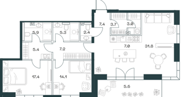 3-к. квартира, 116&nbsp;м²