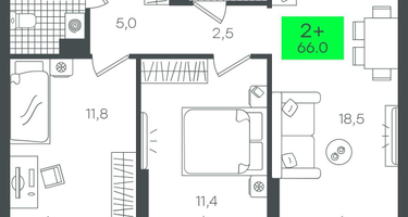 2-к. квартира, 66&nbsp;м²