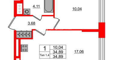 1-к. квартира, 34&nbsp;м²