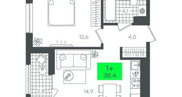 1-к. квартира, 38&nbsp;м²
