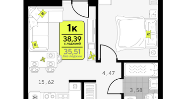 1-к. квартира, 38&nbsp;м²