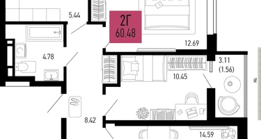 2-к. квартира, 60&nbsp;м²