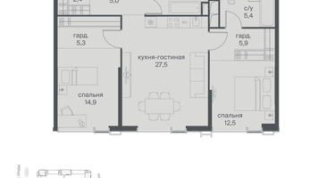 2-к. квартира, 85&nbsp;м²