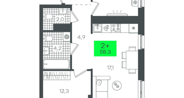 2-к. квартира, 58&nbsp;м²