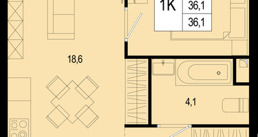 1-к. квартира, 36&nbsp;м²