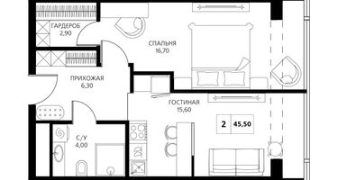 2-к. квартира, 45 м²