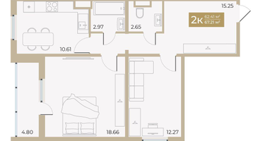 2-к. квартира, 62&nbsp;м²
