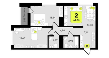 2-к. квартира, 64&nbsp;м²