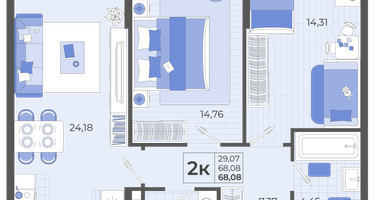 2-к. квартира, 68&nbsp;м²