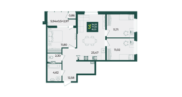 3-к. квартира, 81&nbsp;м²