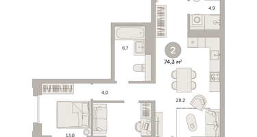2-к. квартира, 74&nbsp;м²