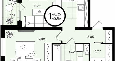 1-к. квартира, 42&nbsp;м²