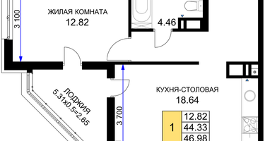 1-к. квартира, 46 м²