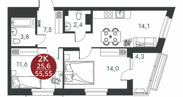 2-к. квартира, 55 м²