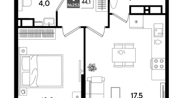 1-к. квартира, 43&nbsp;м²