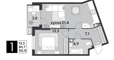 1-к. квартира, 51&nbsp;м²