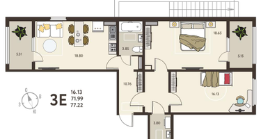 2-к. квартира, 77 м²