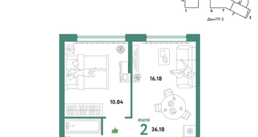 2-к. квартира, 36&nbsp;м²