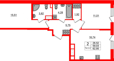2-к. квартира, 59&nbsp;м²