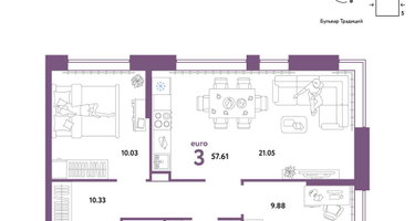 3-к. квартира, 57 м²