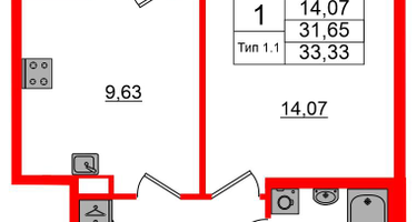 1-к. квартира, 31&nbsp;м²